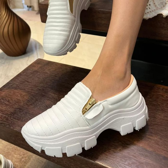 Tênis Slip On Feminino Plataforma Tratorado Fashion Confortável Zíper Lateral