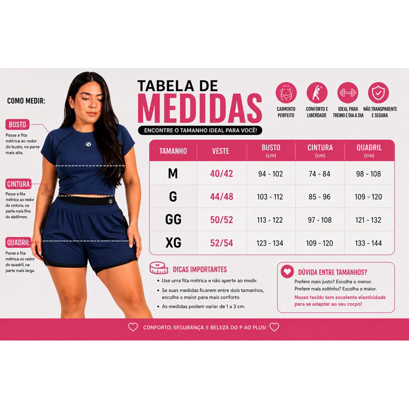 Conjunto Fitness Feminino Plus Size Short Duplo Poliamida Não Transparente Cintura Alta Academia Caminhada 38 ao 52