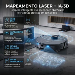 Robô aspirador - Ropo Vision c/ IA-3D Scan, Mapeamento laser 360°, passa pano com MOP