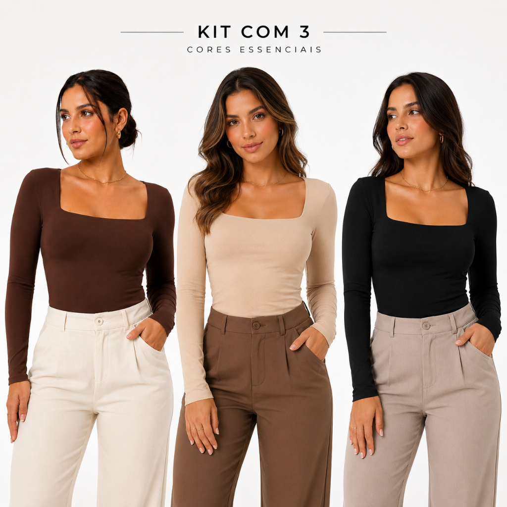 Kit 3 Body Feminino Manga Longa Decote Quadrado Suplex Conforto e Estilo Para seu Verão Moderno Dia & Noite