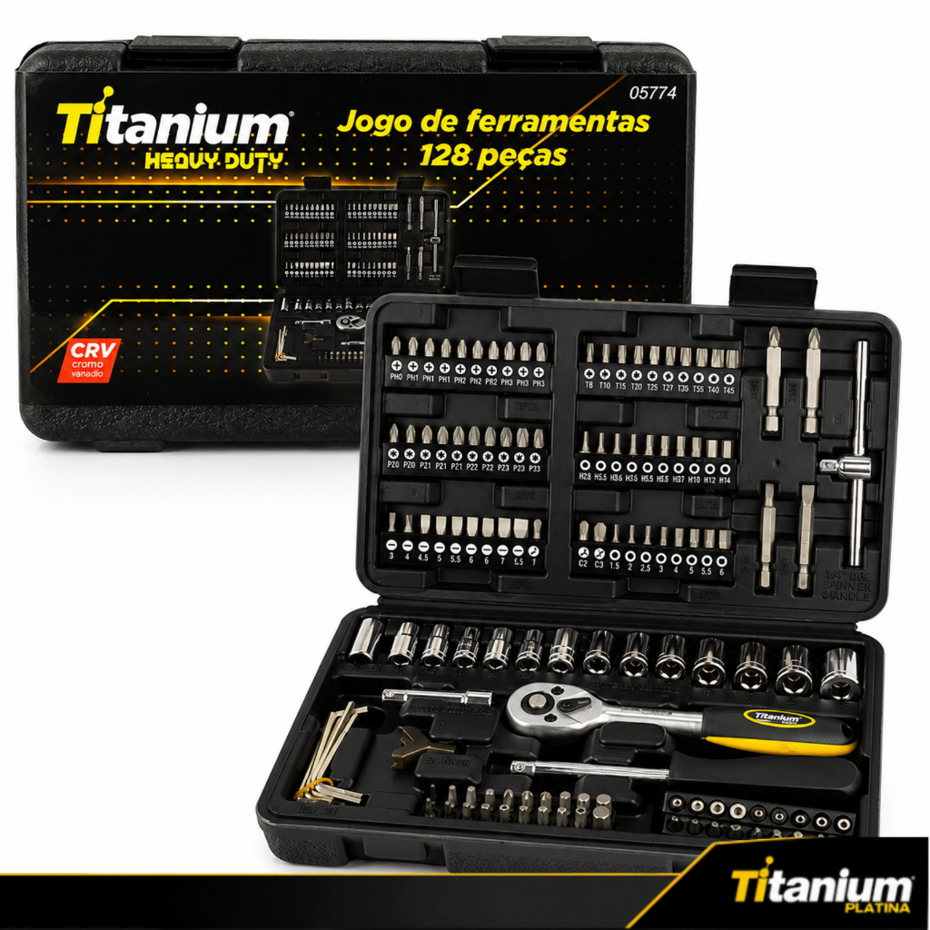 Kit 128 Peças Jogo de Ferramentas com Bits e Soquetes Titanium Platina - Consert