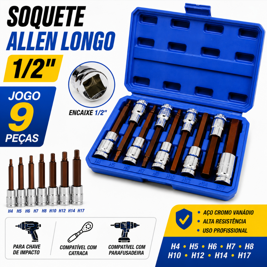 Kit Soquetes Allen Longo 1/2" para Chave de Impacto - Compatível com Catraca e Parafusadeira
