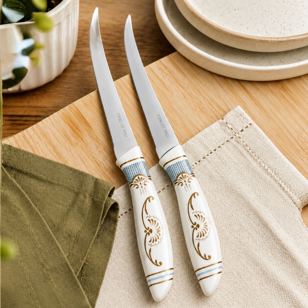 Kit 2 Facas Cozinha Inox Aço Faca Legumes Carne Serrilhada Corte Fácil