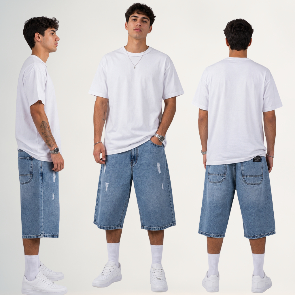 Bermuda Jeans Masculina Skate 100% Algodão Casual Street Reta Confortável Premium Bolso Grande
