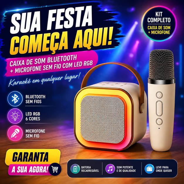 Caixa de Som Bluetooth Karaokê Portátil K12 com Microfone Sem Fio LED RGB Recarregável USB TF Auxiliar