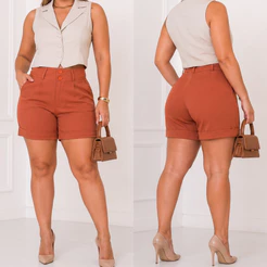 Short Feminino Alfaiataria Meia Coxa Barra Virada Cintura Média Elastano Elegante Chic