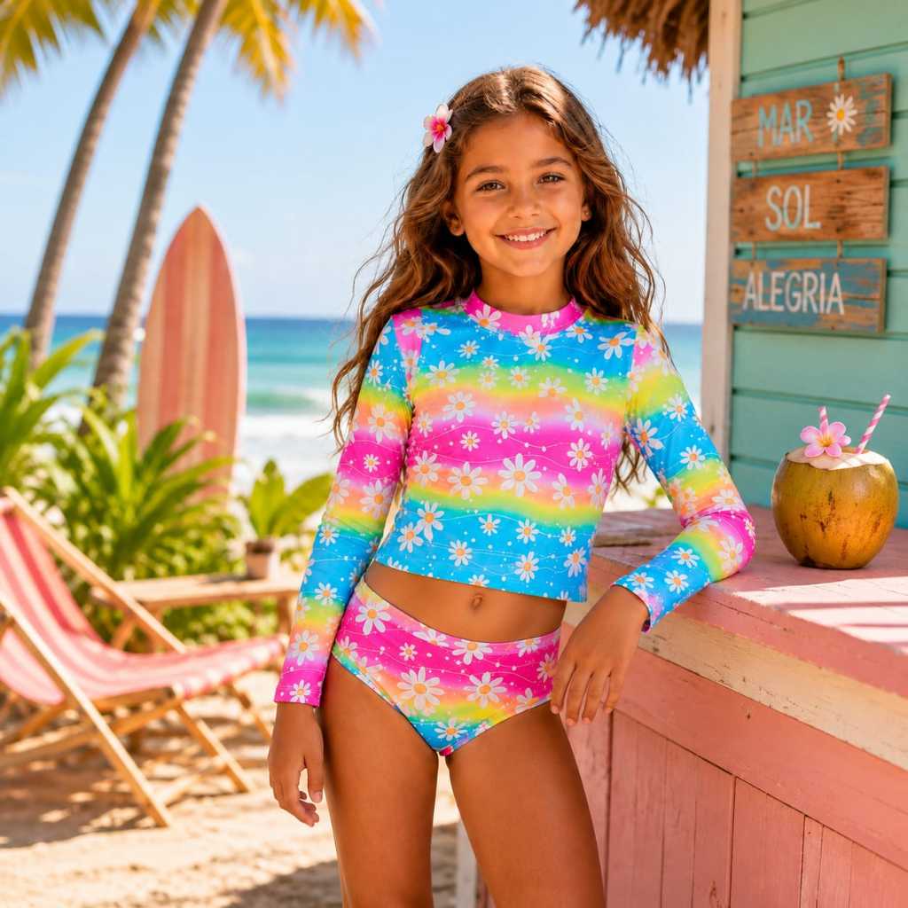 Biquíni Infantil Feminino com Blusa Manga Longa Proteção UV Menina Moda Praia Piscina Verão Estampado