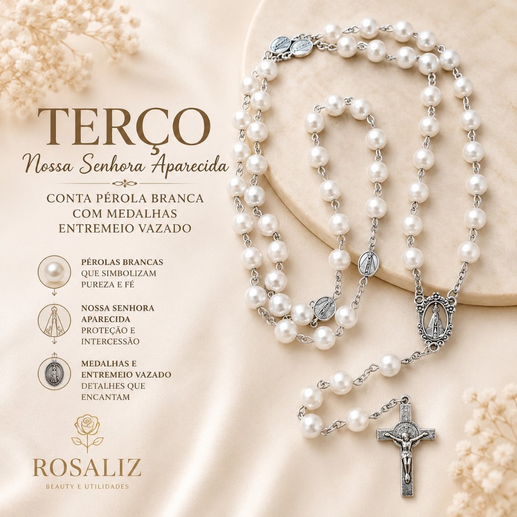 Terço Perola Nossa Senhora Aparecida e São Bento Casamento, Batismo, Crisma, Ideal Presente