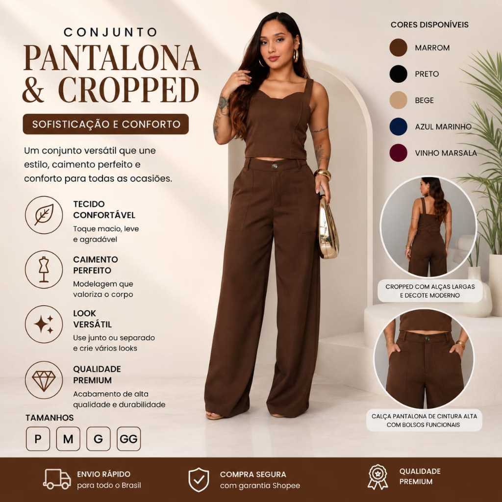 Conjunto em Alfaiataria feminino Calça Pantalona Social com Cropped Elegante