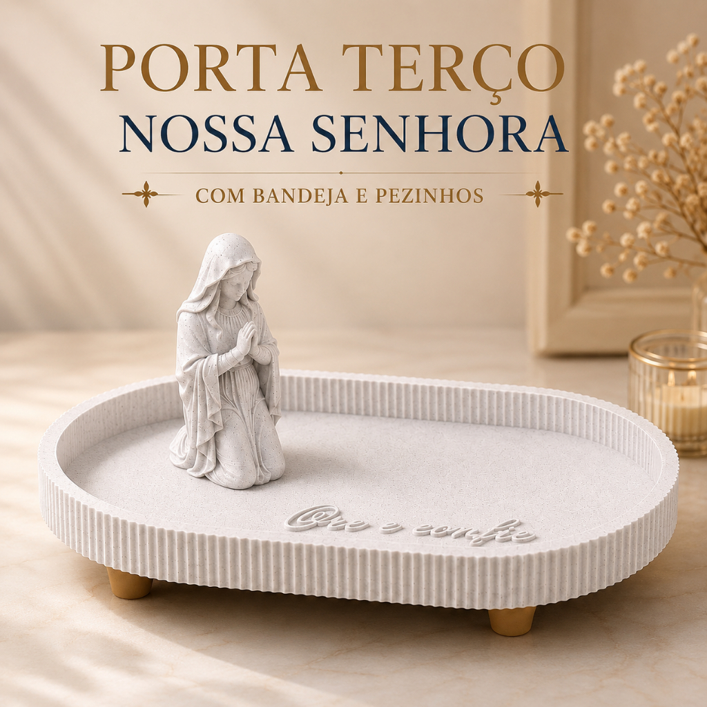 Porta Terço Nossa Senhora com Bandeja Decorativa | Organizador para Terço | Decoração Religiosa Católica