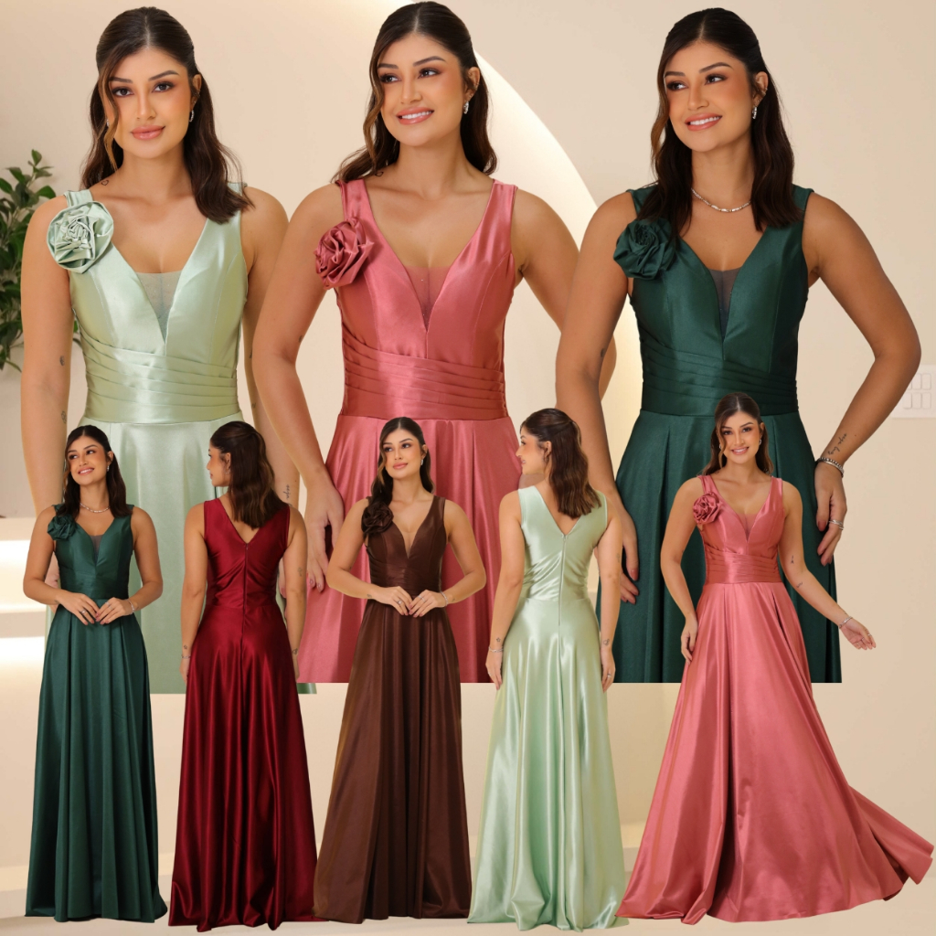 Vestido Feminino Longo Festa Madrinhas de Casamentos e Formaturas Malha/Cetim