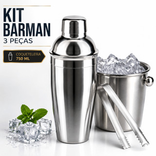 Kit Coqueteleira 750ml Inox Balde Pegador Gelo Caipirinha Bartender Barman Bar Drink Profissional