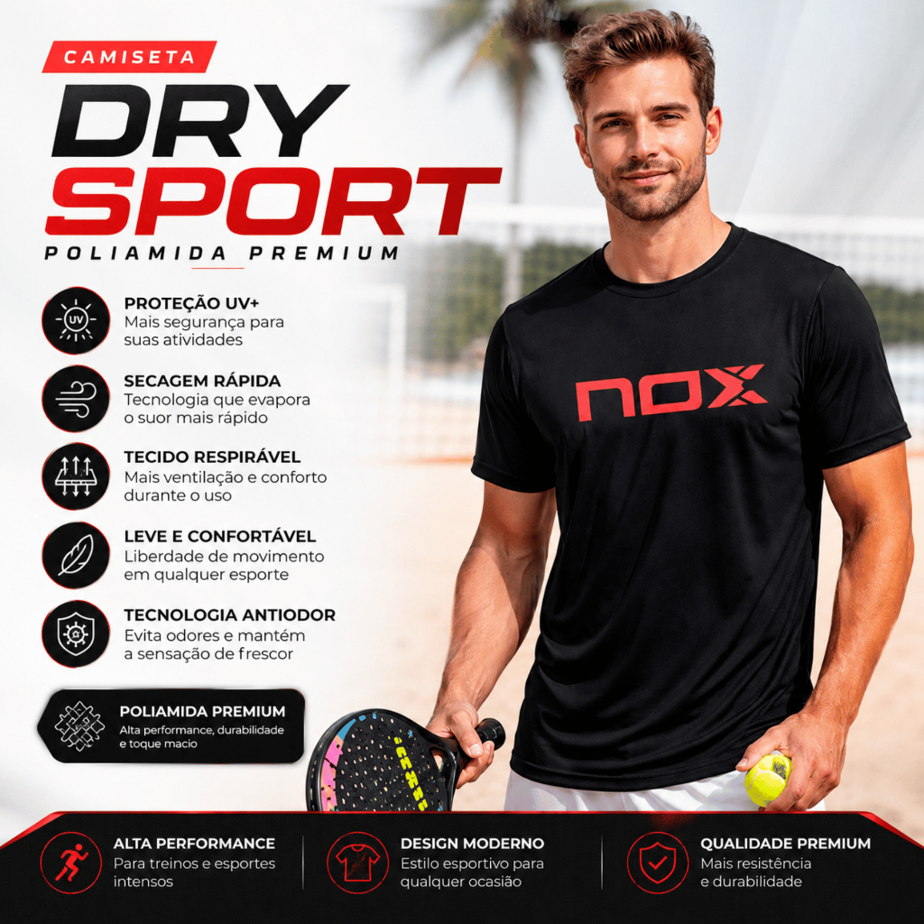Camiseta PRETA beach tenis esportiva academia poliamida uv Nox Sports Tech Modal