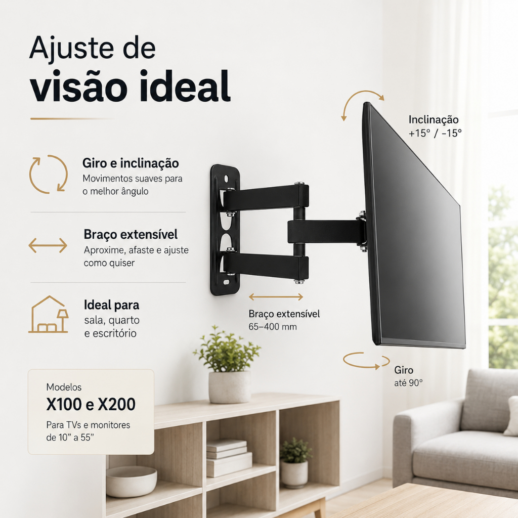 Suporte Articulado para TV e Monitor 10 a 55 Polegadas VESA Parede Inclinavel Universal Aco X100 X200 - Envio Imediato