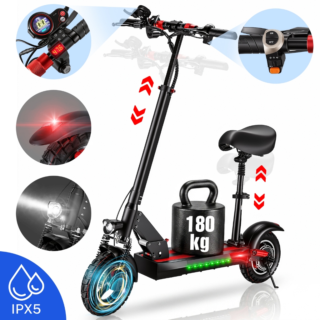 Patinete Elétrico 800W Adulto, autonomia 50km, velocidade 45km/h, assento incluso, freio duplo, dobrável, carga 180kg