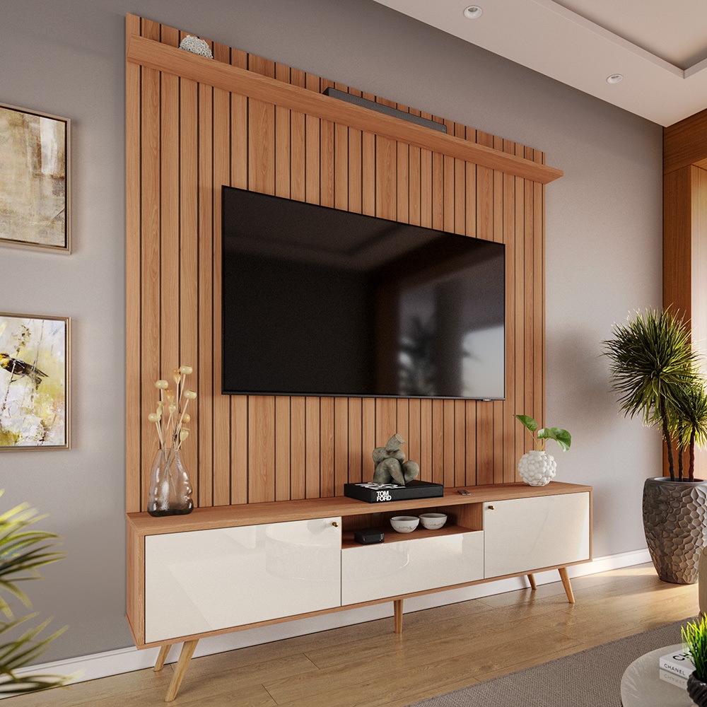 Rack com Painel Para Sala Tv Até 70 Polegadas Efeito Ripado 1,83m 5 Pés Movelove