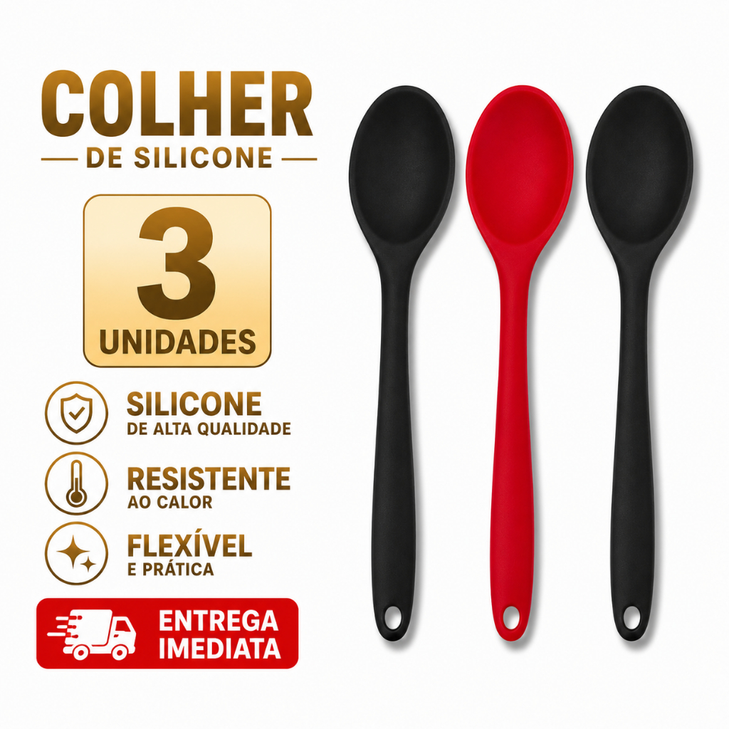 Colher de Silicone 27cm kit3 Un Utensílio Cozinha Antiaderente Resistente ao Calor Vermelha Preta Redonda Arroz Molhos