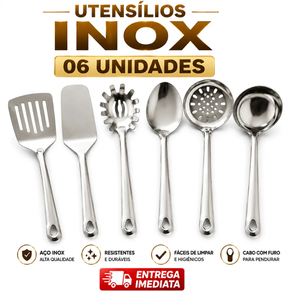 Kit Utensílios Inox 6 Peças Cozinha Inox Espátula Concha Escumadeira Colher Pegador Qualidade Casa Restaurante Buffet — imagem 1