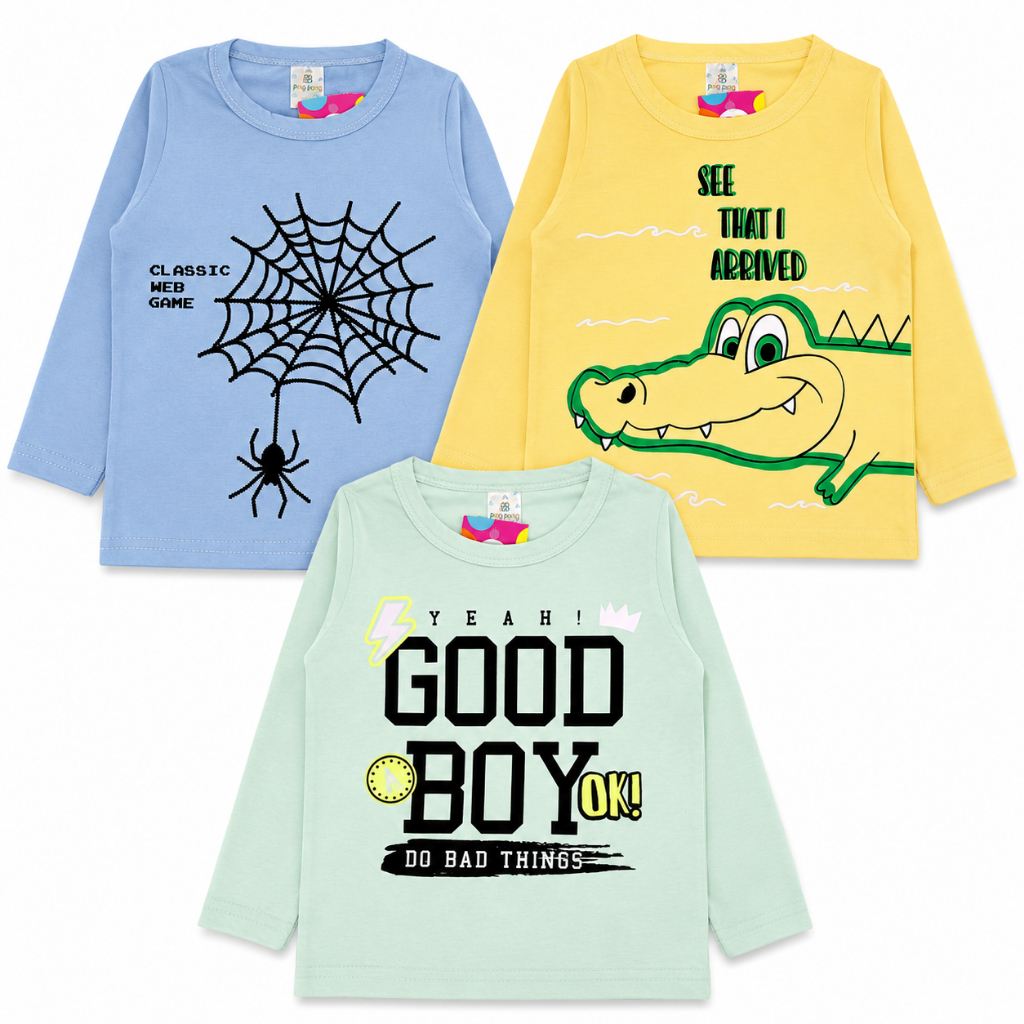 Kit 3 Camisetas Manga Longa Infantil Menino – Estampadas e Listradas | Envio Sortido