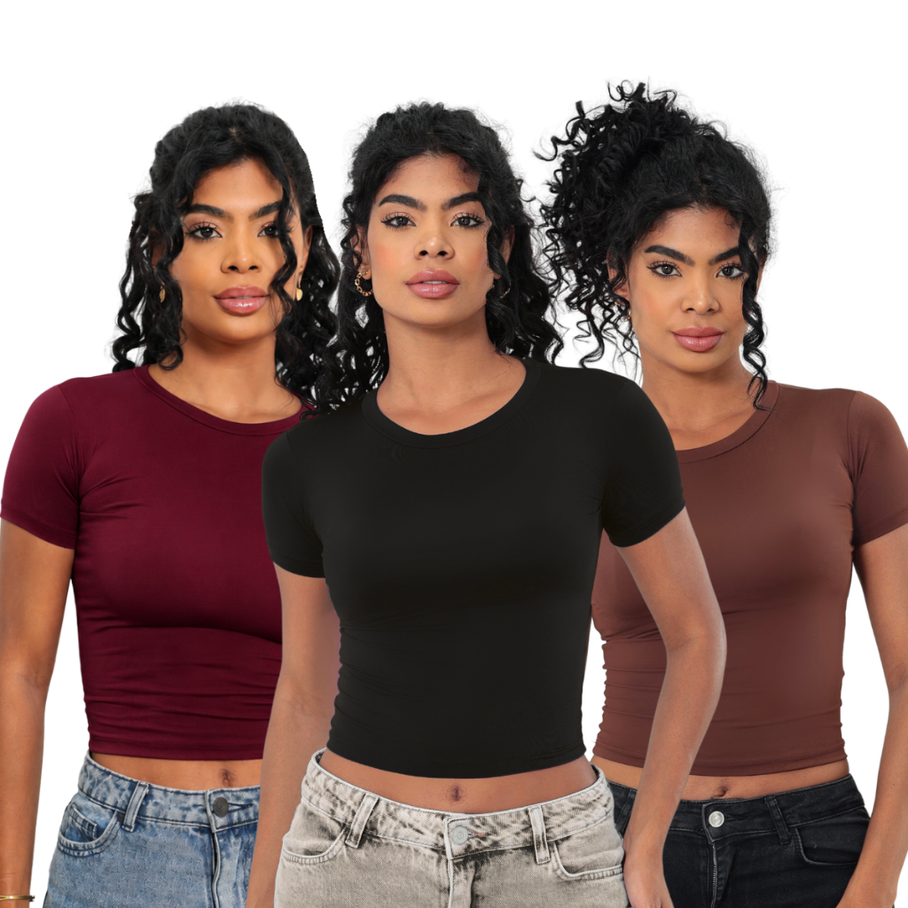 KIT 3: Baby Tee Feminina - Blusa Slim Fit Manga Curta - Blusa de Compressão