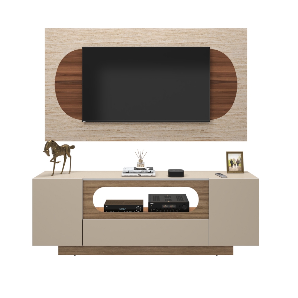 RACK MODERNO TV 60" OFF WHITE LAMINA NATURE COM LED NICHO OVAL DECORATIVO 2 PORTAS 1 GAVETA DESIGN MODERNO