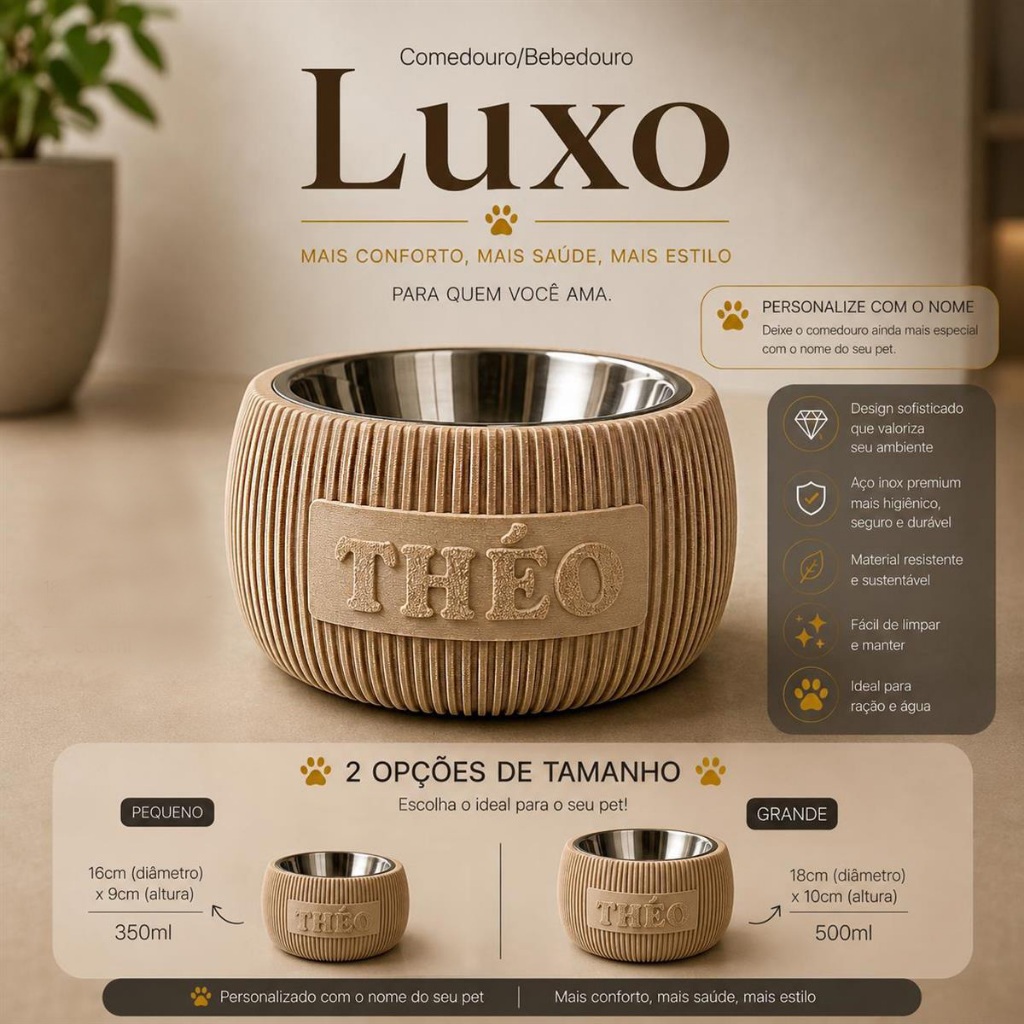 Comedouro OU Bebedouro Pet Luxo Personalizado com Nome | Bowl Inox para Cães e Gatos