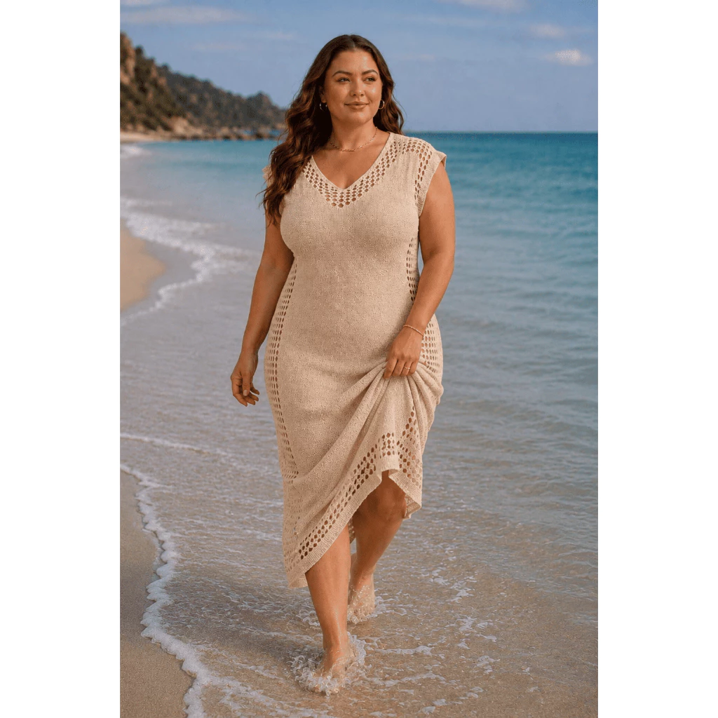 Vestido Saída de Praia Tricot Plus Size Longo Tricô Vazado Moda Praia 46 ao 52 Moda Verão Curve + — imagem 1
