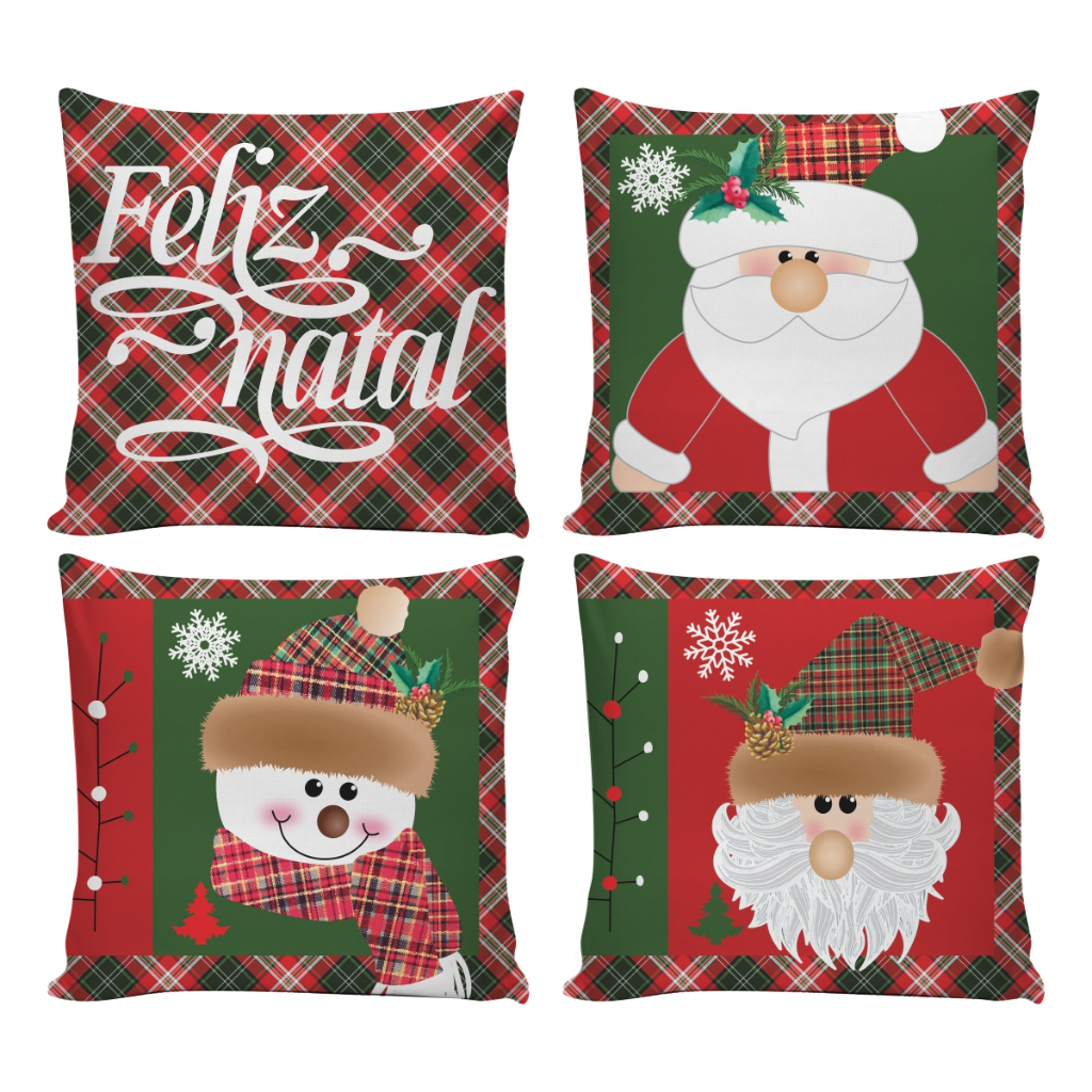 Kit 4 Capas de Almofada Personalizada Natal Clima Natalino Frase Feliz Natal Decorativo 45x45 Quarto Cama Sala Sofá