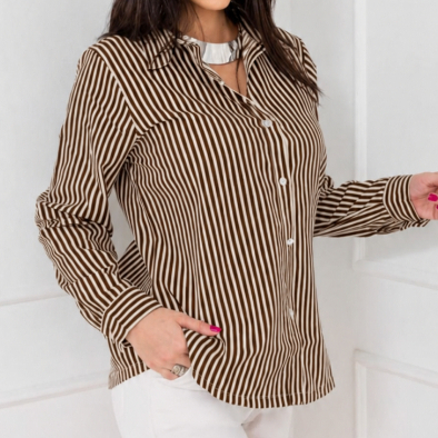 Camisa Social Feminina Manga Longa Listrada Crepe Premium Gola Colarinho Elegante Trabalho Igreja casual
