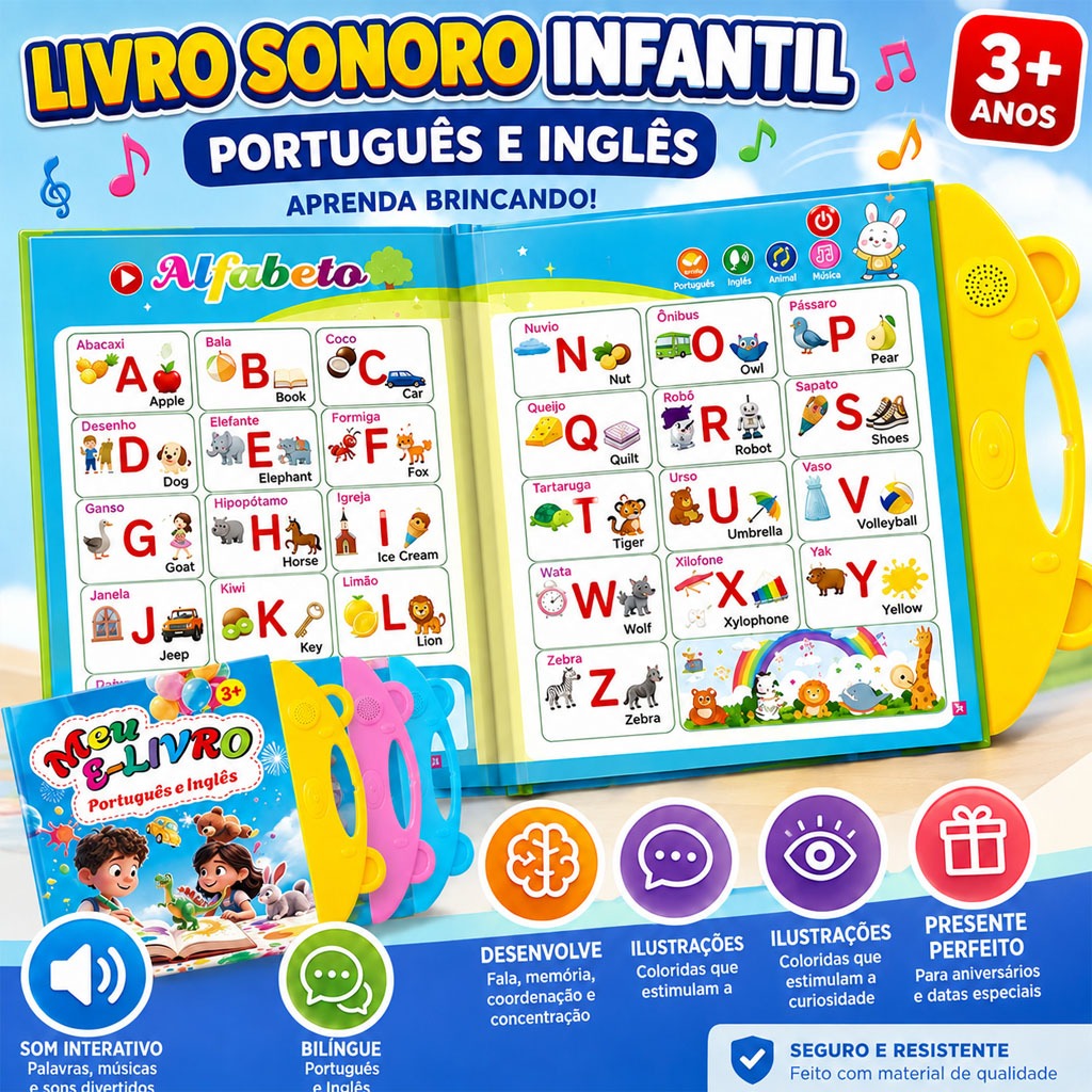 Livro Infantil Interativo com Som Bilíngue Português-Inglês Brinquedo Educativo