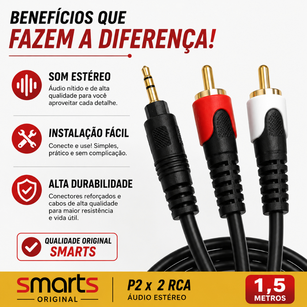 Cabo P2 x 2 RCA Estéreo 1,5m Original Smarts para TV Home Theater Amplificador Celular Notebook