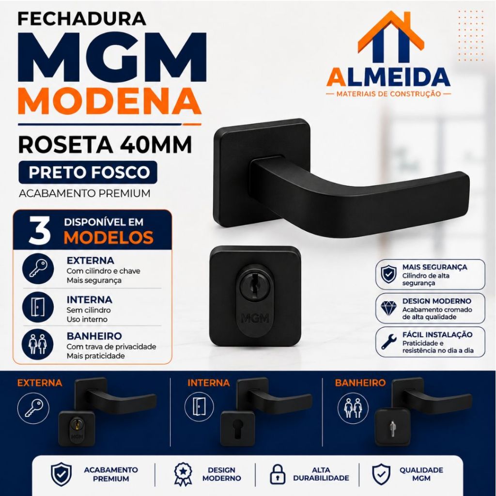 Fechadura Modena Roseta Quadrada Mgm 40 mm PRETA FOSCO Externa Interna e Banheiro Wc Porta Madeira Segurança Máxima