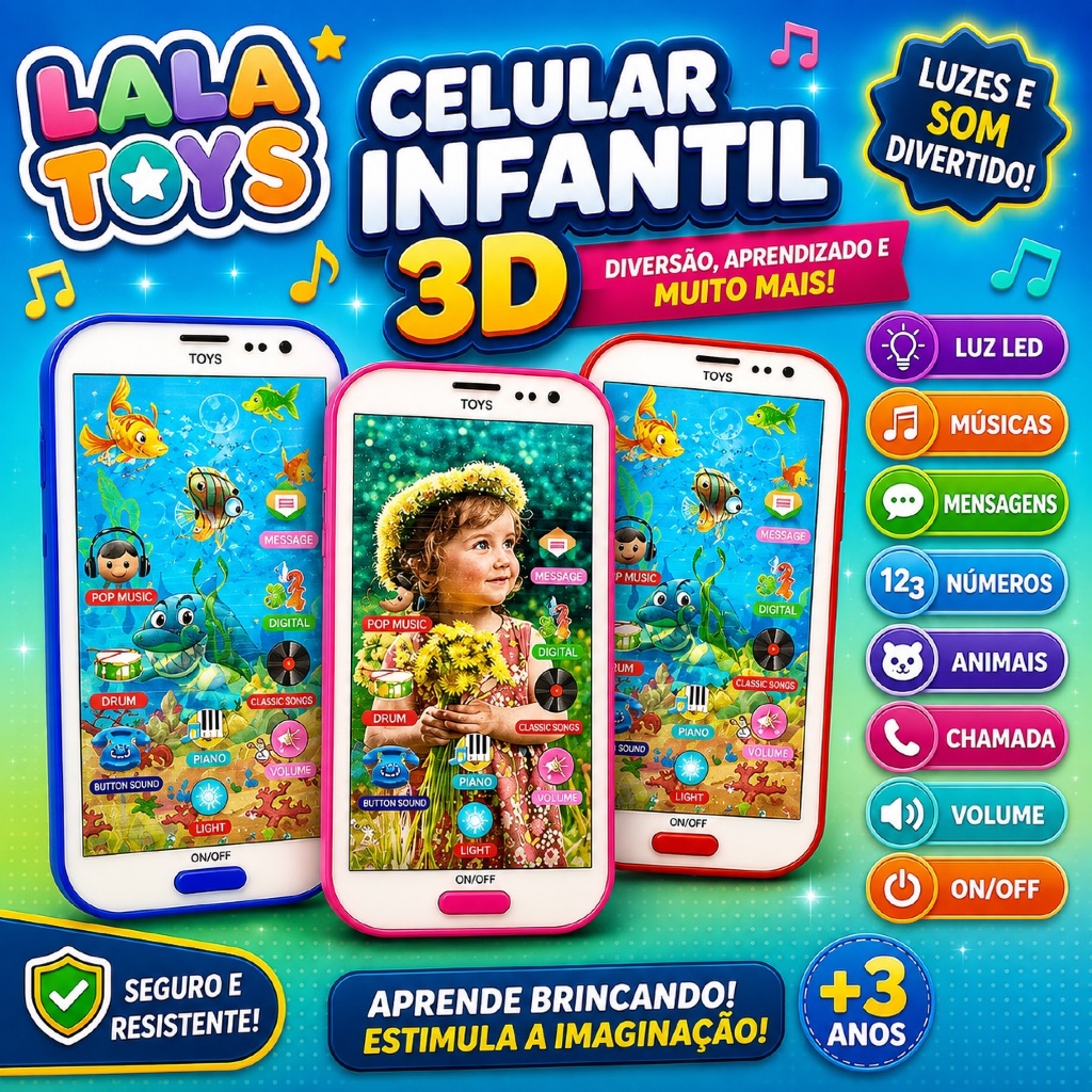 Brinquedo Celular Infantil Musical Sons Com imagem 3D Smartphone Para Criança Infantil Interativo Touch 3D