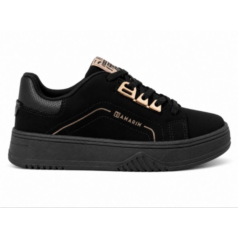 Tênis Feminino Ramarim SNK Plataforma Preto Casual Confortável com Detalhes Dourados