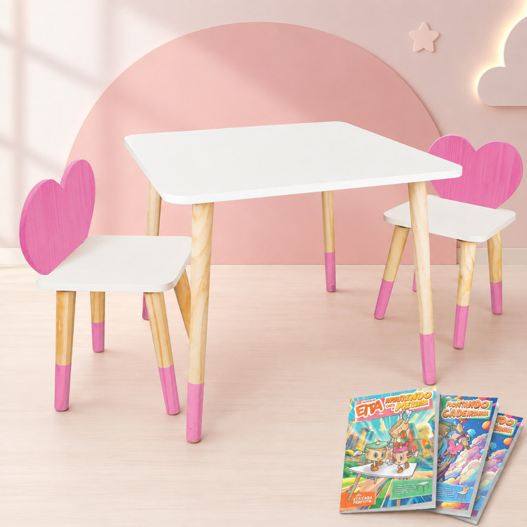 Mesa 2 Cadeiras Infantil Coração Madeira Brinquedo Pedagógico Mobiliário Quarto Montessori Criança Kit Livro Educativo