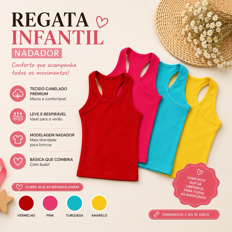 Regata Infantil Feminina Canelada Básica Premium Algodão Moda Verão Menina 2 ao 8