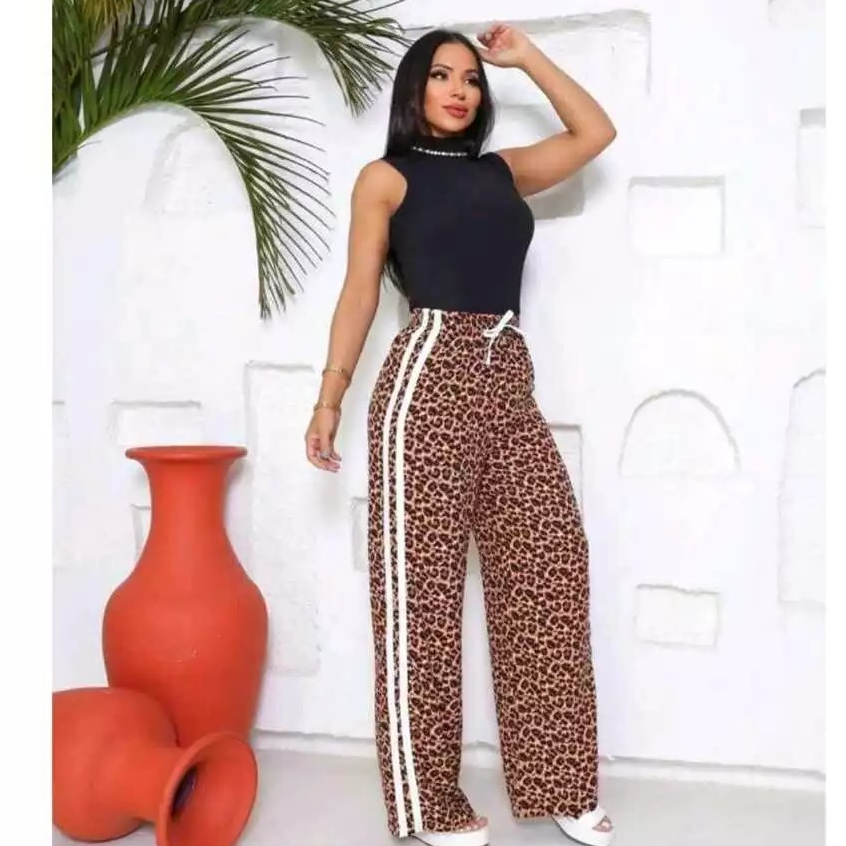 Calça Feminina Listrada Com Faixa Lateral Pantalona Tendência Moda Blogueira Cintura Alta Elástico Confortável P ao GG