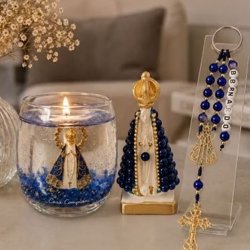 Kit Devocional Premium Nossa Senhora Aparecida | Vela + Imagem + Dezena Personalizada