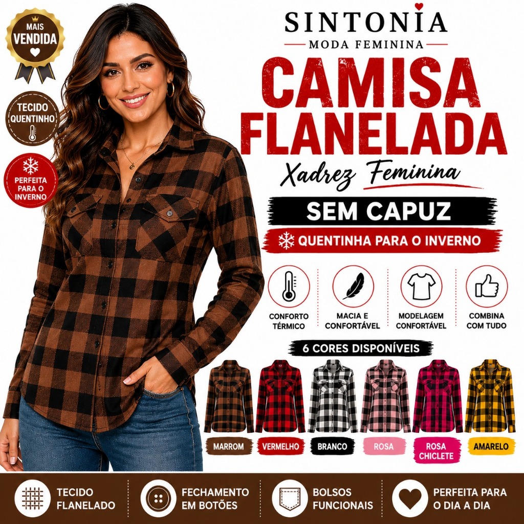 Camisa Flanelada Xadrez Feminina Sem Capuz Manga Longa Inverno Casual