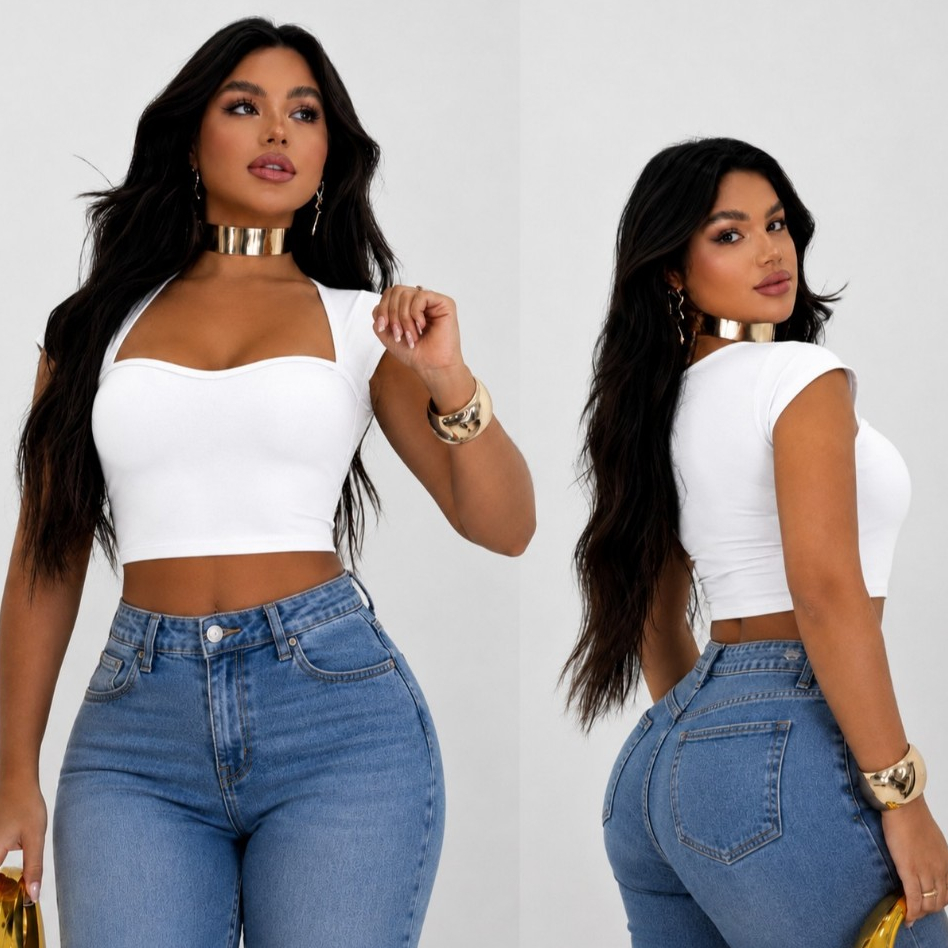 Cropped Top Baby Tee MARY Feminino Manga Curta Decote conforto Fashion Casual Básico.
