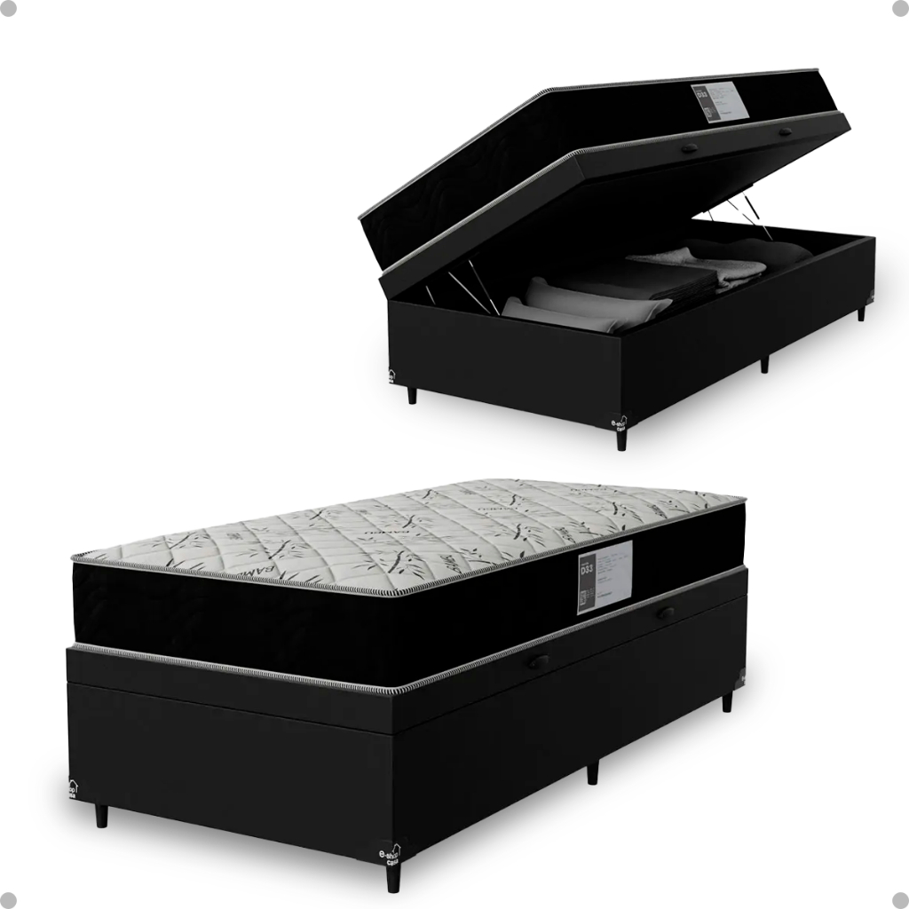 Cama Box Baú Solteiro + Colchão D33 One Face - Couro Preto