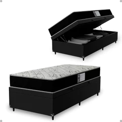 Cama Box Baú Solteiro + Colchão D33 One Face - Couro Preto