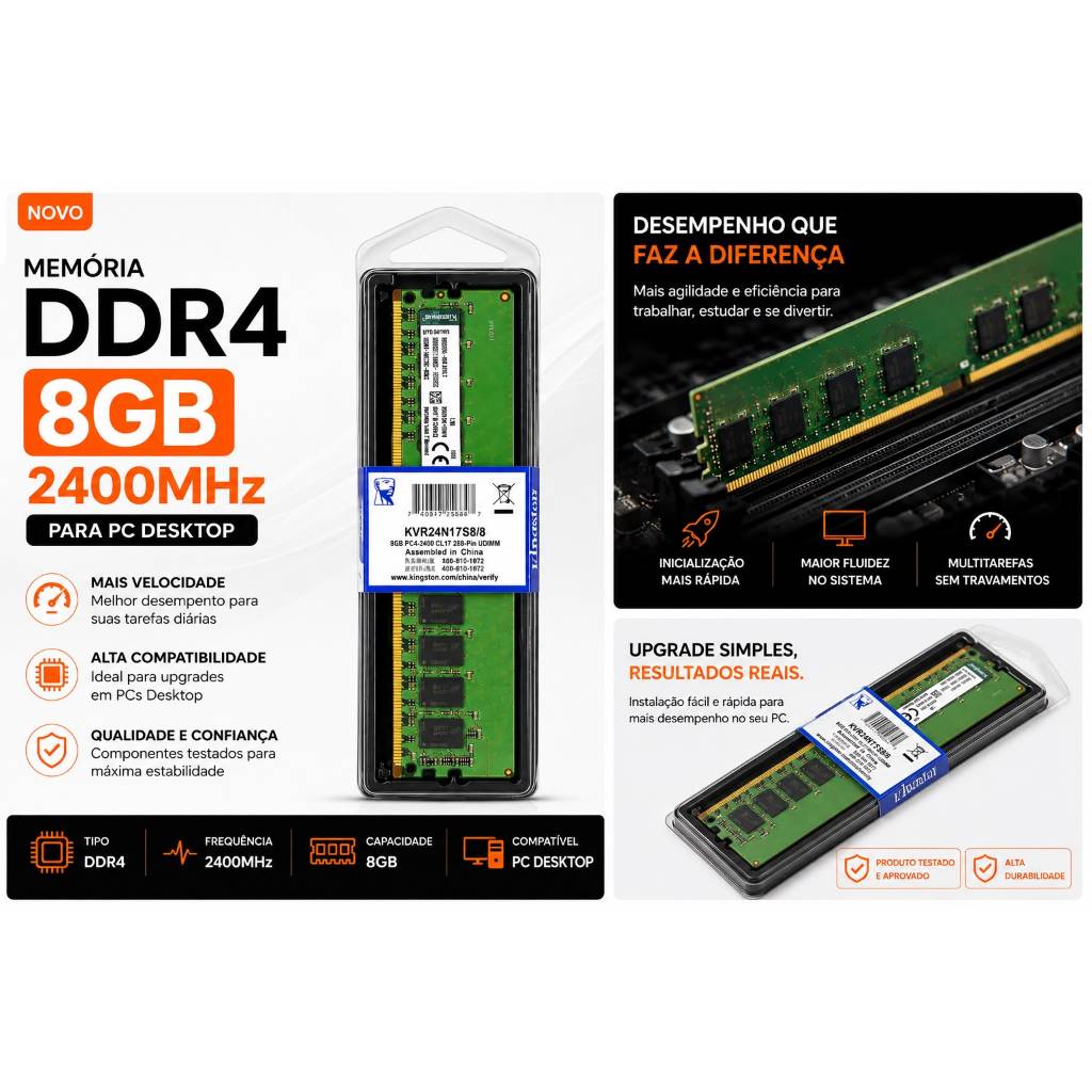 DDR4 8GB 2400MHZ PC KVR24N17S8/8