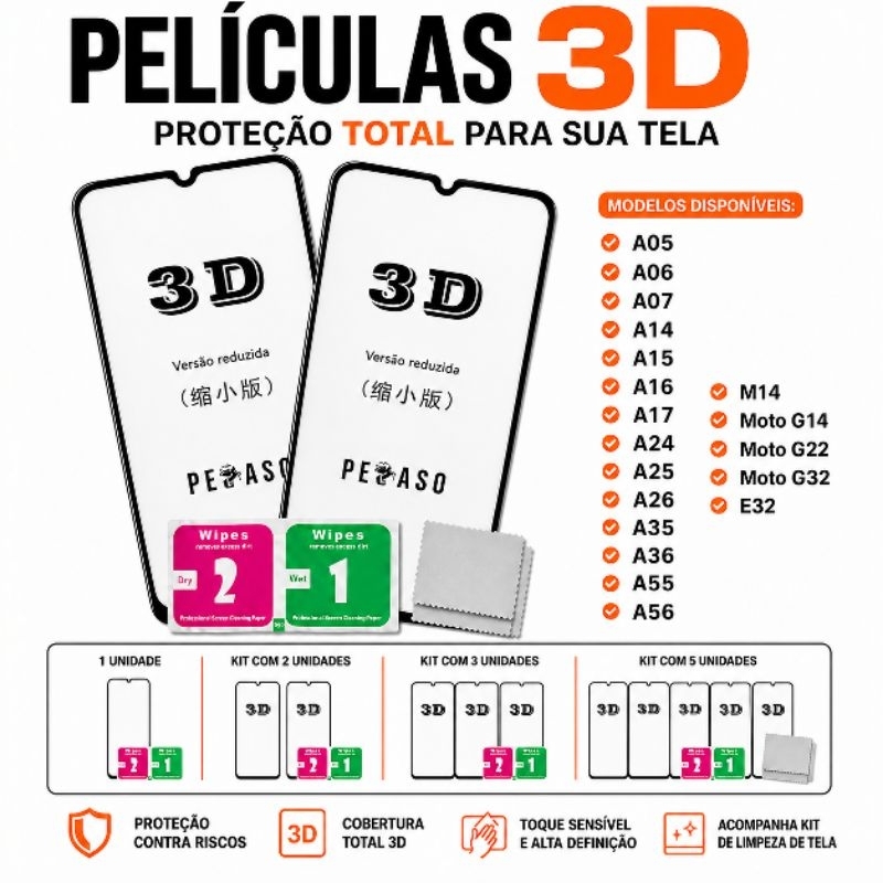 Película de Vidro 3D Samsung Galaxy A05 A06 A07 A14 A15 A16 A17 A24 A25 A26 A35 A36 A55 A56 M14/ Moto G14 G22 E32
