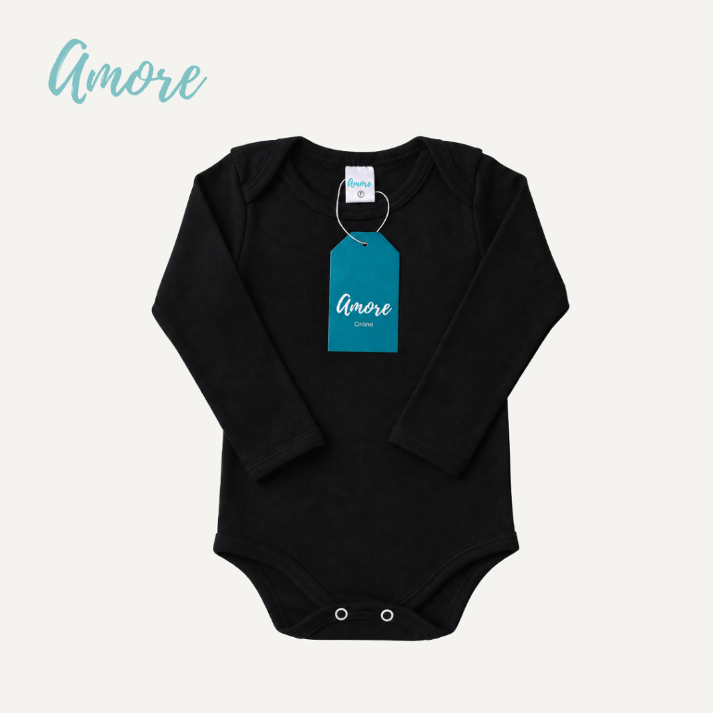Roupa Bebê Body Amore Manga Longa Preto 100% Algodão
