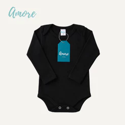 Roupa Bebê Body Amore Manga Longa Preto 100% Algodão