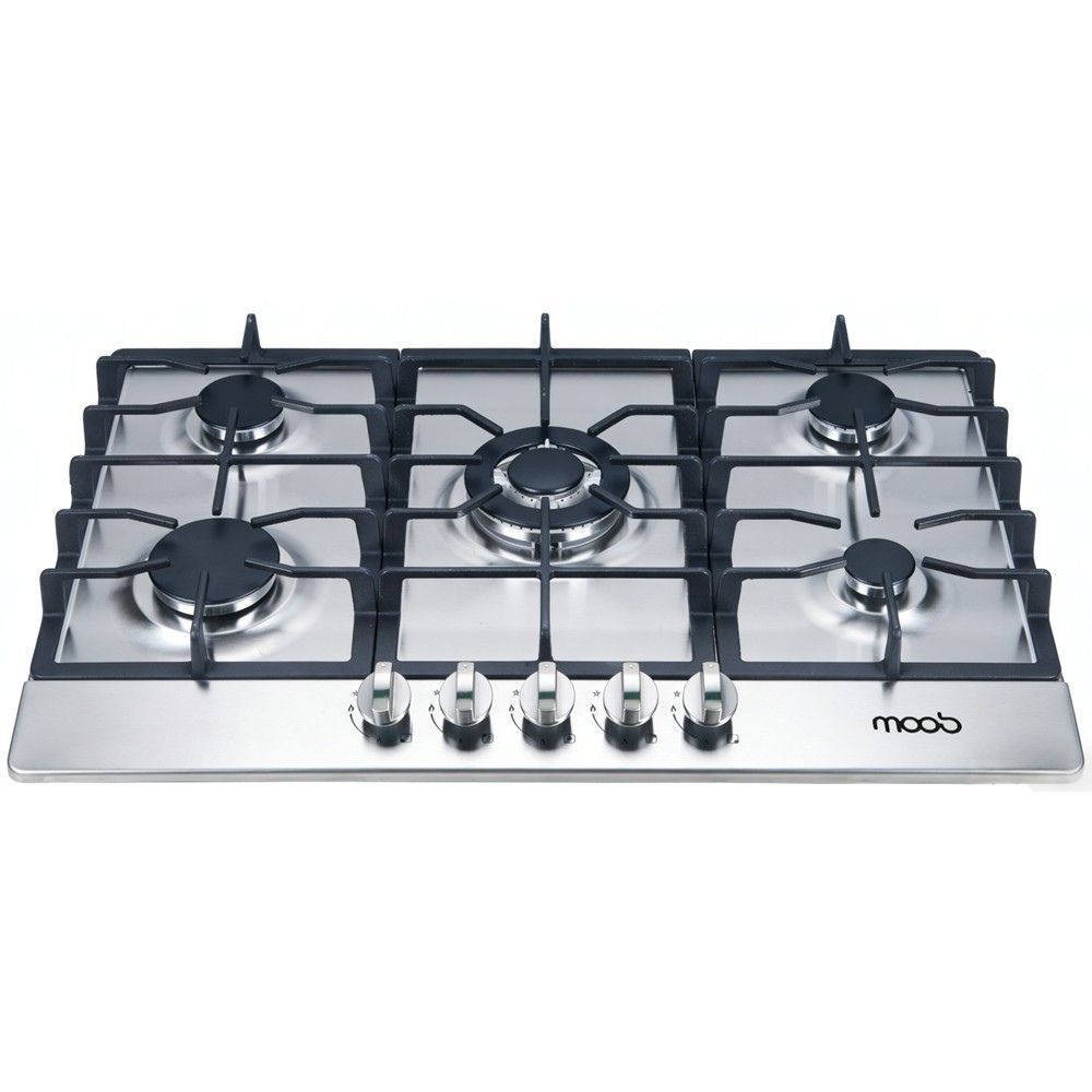 Cooktop Moob 5 Bocas Aço Inox a Gás Tripla Chama Grades de Ferro Fundido Acendimento Automático Bivolt