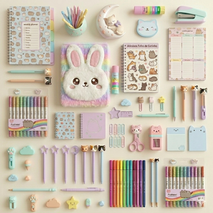 Papelaria - KIT 76 itens fofos de papelaria criativa - Material escolar - Carder inteligente