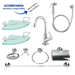 Kit De Banheiro Acessórios 9 Peças Com Ducha Higiênica 2 Porta Shampoo Canto + Torneira Lavatório