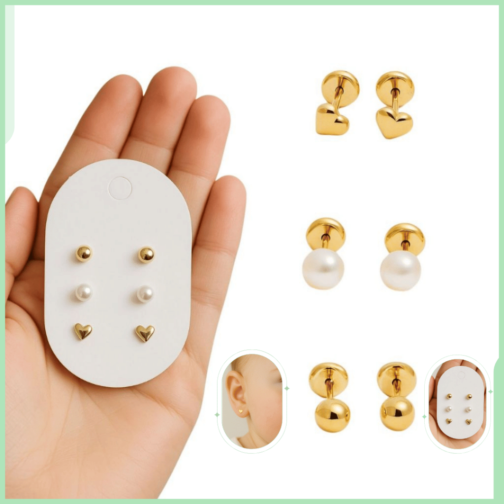 Trio Brincos Baby Antialérgico Ouro 18K Infantil Recém-Nascido Tarraxa Rosca Bolinha Coração Pérola